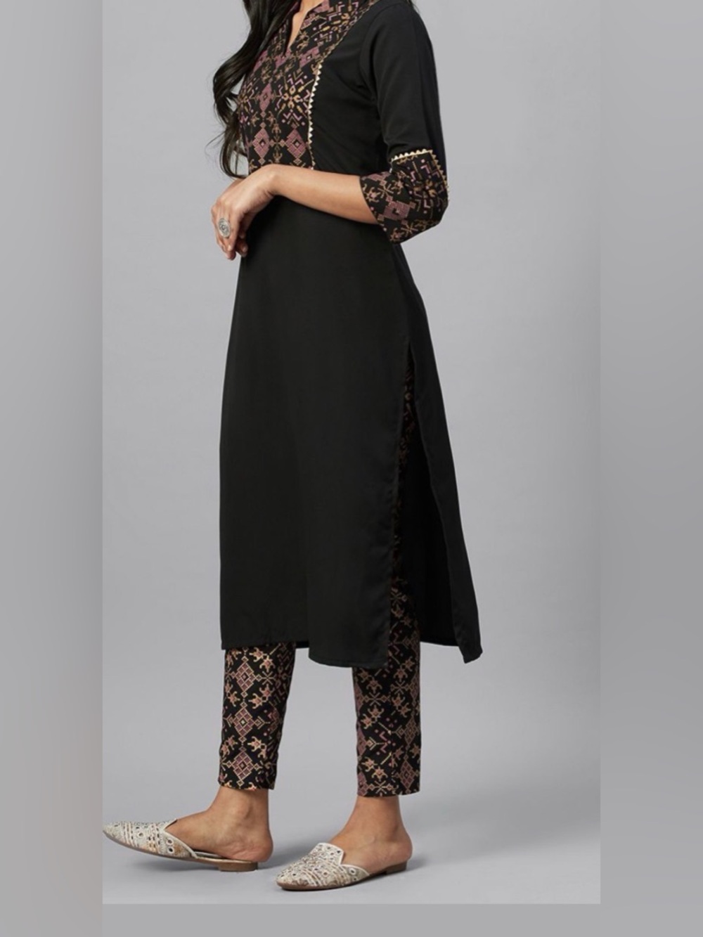 Black Embroidered Sleeve Kurta with Printed Trousers